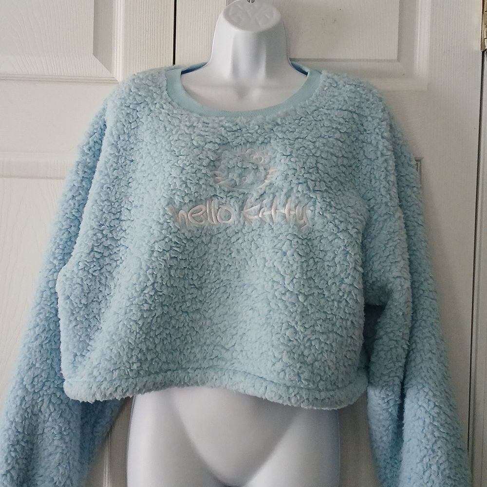 Hello Kitty X Friends Forever 21  blue sherpa cropped sweater pullover  Sz XL